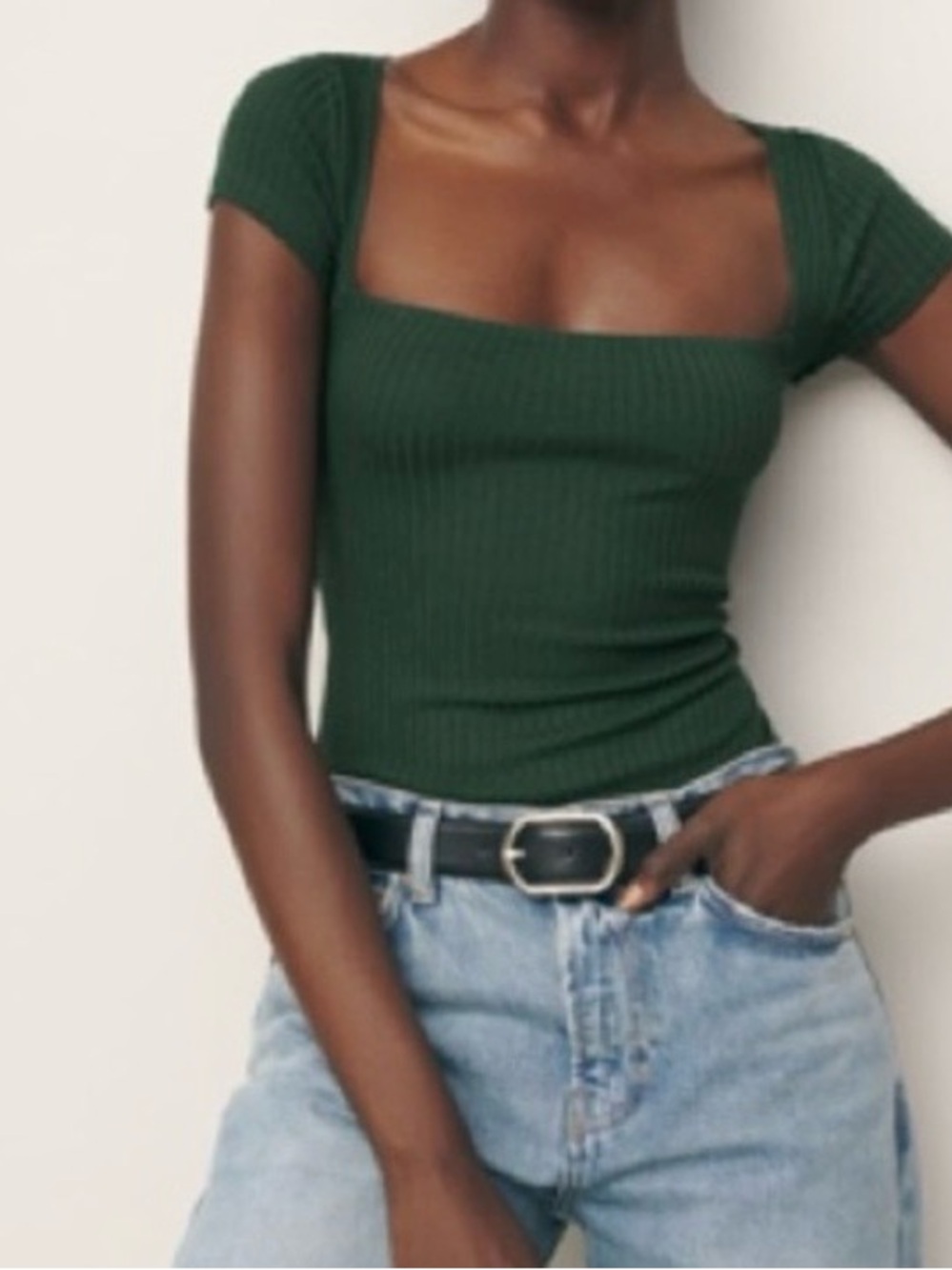 Reformation Forest Green Ribbed Square Neck Top